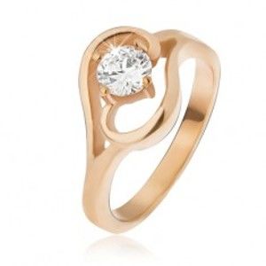 Šperky eshop - Oceľový prsteň zlatej farby, ramená ukončené vlnkou, číry zirkón BB09.14 - Veľkosť: 50 mm