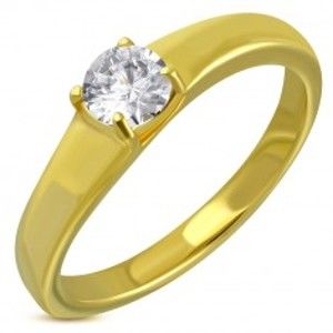 Šperky eshop - Oceľový prsteň zlatej farby, vystúpený okrúhly číry zirkón BB09.01 - Veľkosť: 57 mm