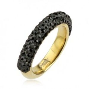 Šperky eshop - Oceľový prsteň zlatej farby zdobený čiernymi zirkónmi E5.17 - Veľkosť: 49 mm