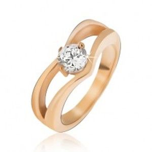 Šperky eshop - Oceľový prsteň zlatej farby, zdvojený špic, okrúhly číry kamienok BB09.19 - Veľkosť: 57 mm