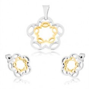 Šperky eshop - Oceľový set - prívesok a náušnice strieborno-zlatej farby, obrysy kvetov S54.19