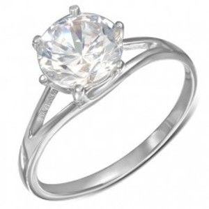 Šperky eshop - Oceľový snubný prsteň - okrúhly číry zirkón, rozdvojené ramená J2.20 - Veľkosť: 61 mm