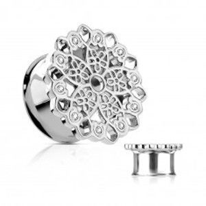 Šperky eshop - Oceľový tunel do ucha, vyrezávaný filigránový kvet, číre zirkóny I43.23/28 - Hrúbka: 10 mm