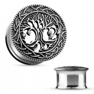 Šperky eshop - Oceľový tunel do ucha, vyrezávaný košatý strom, čierna patina, číre zirkóny PC39.10/18 - Hrúbka: 19 mm