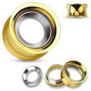 Šperky eshop - Oceľový tunel do ucha zlatej farby s kruhom v striebornom odtieni, vysoký lesk I44.21/28 - Hrúbka: 10 mm