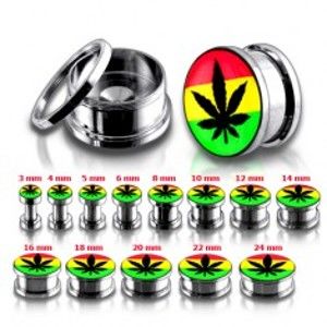 Šperky eshop - Oceľový tunel plug do ucha, marihuana a rasta farby P6.16 - Hrúbka: 10 mm