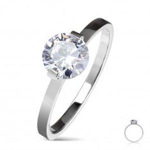 Šperky eshop - Oceľový zásnubný prsteň striebornej farby, okrúhly číry zirkón, lesklé ramená K08.03 - Veľkosť: 52 mm