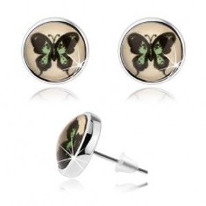 Šperky eshop - Okrúhle kabošon náušnice, vypuklé sklo, zeleno-čierny motýľ, puzetky SP77.13