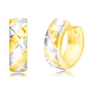 Šperky eshop - Okrúhle náušnice v 14K zlate - matné dvojfarebné pásy a lesklá mriežka GG219.12