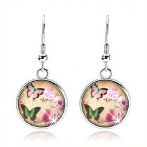 Šperky eshop - Okrúhle náušnice v štýle cabochon, dva pestrofarebné motýle, ružové kvety SP69.07