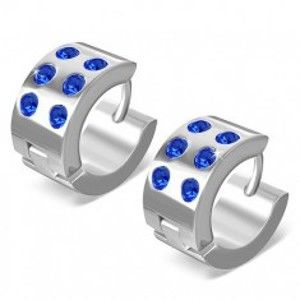 Šperky eshop - Okrúhle náušnice z chirugickej ocele - lesklé striebornej farby, modré zirkóny S24.18