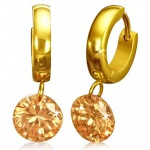 Šperky eshop - Okrúhle náušnice z chirurgickej ocele - zlatá farba, oranžový kamienok X39.14