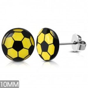 Šperky eshop - Okrúhle náušnice z chirurgickej ocele, žlto-čierna futbalová lopta, puzetky S26.29