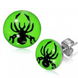 Šperky eshop - Okrúhle náušnice z ocele - čierny pavúčik na zelenom neónovom podklade SP39.24
