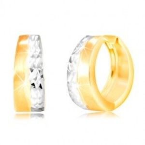 Šperky eshop - Okrúhle náušnice zo 14K zlata - matný pás žltej farby, brúsená línia z bieleho zlata GG217.31