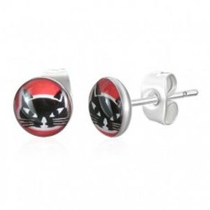 Šperky eshop - Okrúhle oceľové náušnice - hlava čiernej mačky, červené pozadie SP39.31