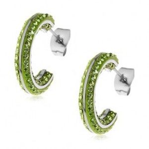 Šperky eshop - Okrúhle oceľové náušnice - malé zelené zirkóny, lesklé línie striebornej farby AA01.03