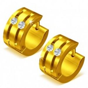Šperky eshop - Okrúhle oceľové náušnice - zlatá farba, dve ryhy zdobené zirkónmi X6.18