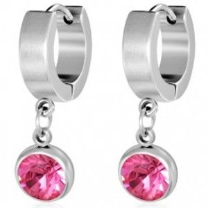 Šperky eshop - Okrúhle oceľové náušnice, brúsený ružový kamienok v objímke S37.23