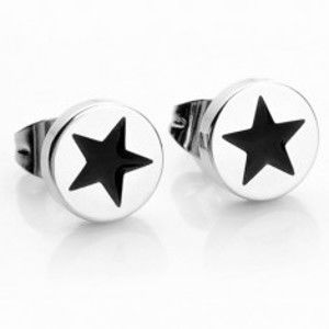 Šperky eshop - Okrúhle oceľové náušnice v striebornej farbe, čierna hviezdička U27.04
