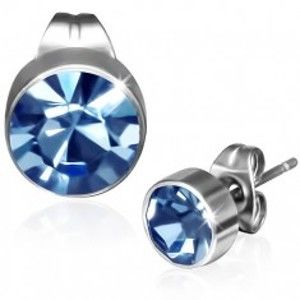 Šperky eshop - Okrúhle puzetky z ocele - modrý zirkón v objímke X26.16