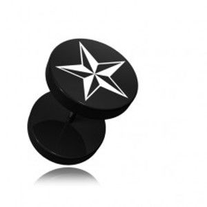 Šperky eshop - Okrúhly fake plug do ucha z akrylu čiernej farby, potlač hviezdice PC28.12