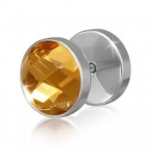 Šperky eshop - Okrúhly oceľový fake piercing do ucha s hnedo-zlatým zirkónom U1.10