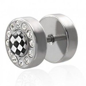Šperky eshop - Okrúhly oceľový fake plug, čierno-biela šachovnica a zirkóny O5.7