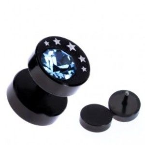Šperky eshop - Okrúhly oceľový fake plug do ucha čiernej farby, hviezdy a modrý zirkón AA44.12