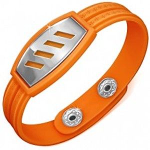 Šperky eshop - Oranžový gumený náramok - šikmé výrezy na známke, grécky kľúč AA35.20