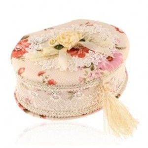 Šperky eshop - Oválna šperkovnica béžovej farby s kyticou kvetov a mašľou, farebné kvety Y58.18