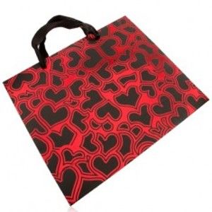 Šperky eshop - Papierová taška na darček, tmavosivá s červenou, lesklé obrysy sŕdc U22.20