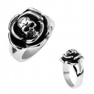Šperky eshop - Patinovaný oceľový prsteň, ruža s lebkou v strede, rozdvojené ramená T21.5 - Veľkosť: 70 mm