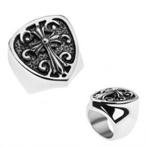 Šperky eshop - Patinovaný prsteň z ocele 316L, erb s ľaliovým krížom, ornamenty T22.14 - Veľkosť: 69 mm