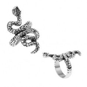 Šperky eshop - Patinovaný prsteň z ocele, strieborná farba, zvlnený had s bodkami T22.5 - Veľkosť: 60 mm