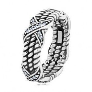 Patinovaný strieborný prsteň 925, motív točeného lana, krížiky so zirkónmi - Veľkosť: 49 mm