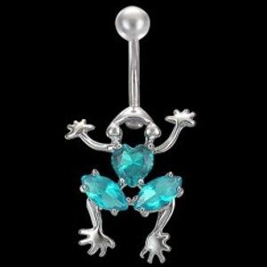 Šperky eshop - Piercing brucha lezúca žaba s farebnými zirkónmi E1.16 - Farba zirkónu: Tyrkysová