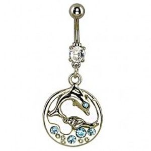 Šperky eshop - Piercing do brucha - delfín vo vlnách, modré kamienky W02.26