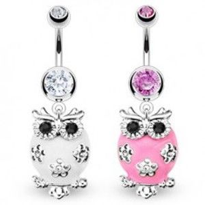 Šperky eshop - Piercing do brucha - glazúrovaná sova, tri kvety C28.4 - Farba zirkónu: Ružová - P
