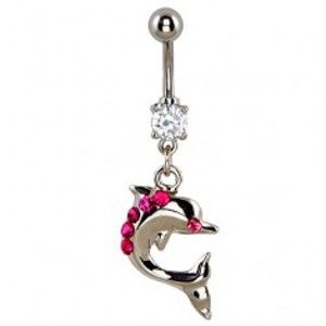 Šperky eshop - Piercing do brucha - skáčuci delfín, ružové zirkóny na chrbte W02.15