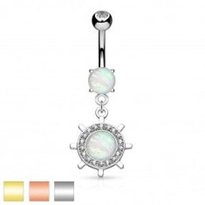 Šperky eshop - Piercing do brucha, oceľ 316L, kormidlo so syntetickým opálom a zirkónikmi AB29.08 - Farba piercing: Medená