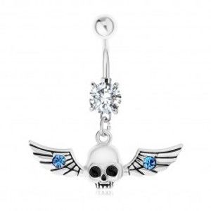 Šperky eshop - Piercing do brucha, oceľ 316L, lebka s krídlami, modré zirkóniky SP82.30