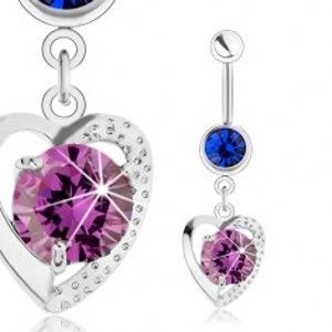 Šperky eshop - Piercing do brucha, oceľ 316L, obrys srdca, modrý a fialový zirkón SP26.18