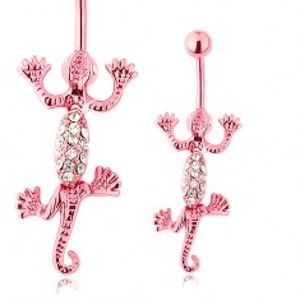 Šperky eshop - Piercing do brucha z chirurgickej ocele, ružová pohyblivá jašterica, číre zirkóny SP33.27