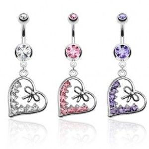 Šperky eshop - Piercing do brucha z ocele, obrys srdca zdobený mašľou a zirkónmi SP46.16 - Farba zirkónu: Ružová - P