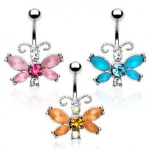 Šperky eshop - Piercing do bruška - motýľ, farebné zirkóny, členité tykadlá Y11.3 - Farba zirkónu: Ružová - P