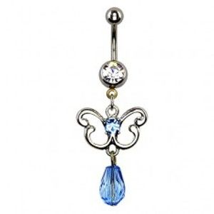 Šperky eshop - Piercing do bruška - obrys motýľa, modrý zirkón a korálka W02.34