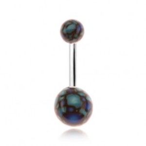 Šperky eshop - Piercing do bruška, akrylové guličky, motív modro-čiernych bubliniek I16.07