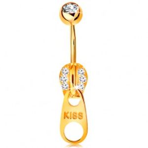 Šperky eshop - Piercing do bruška v žltom 14K zlate - zips zdobený zirkónikmi a nápisom KISS GG184.51