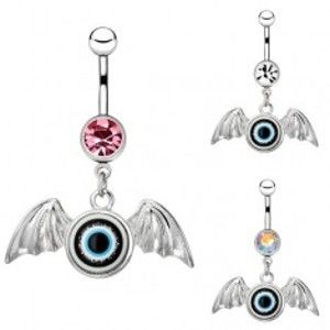 Šperky eshop - Piercing do bruška z chirurgickej ocele - oko s krídlami, zirkón AA22.01 - Farba zirkónu: Dúhová - AB